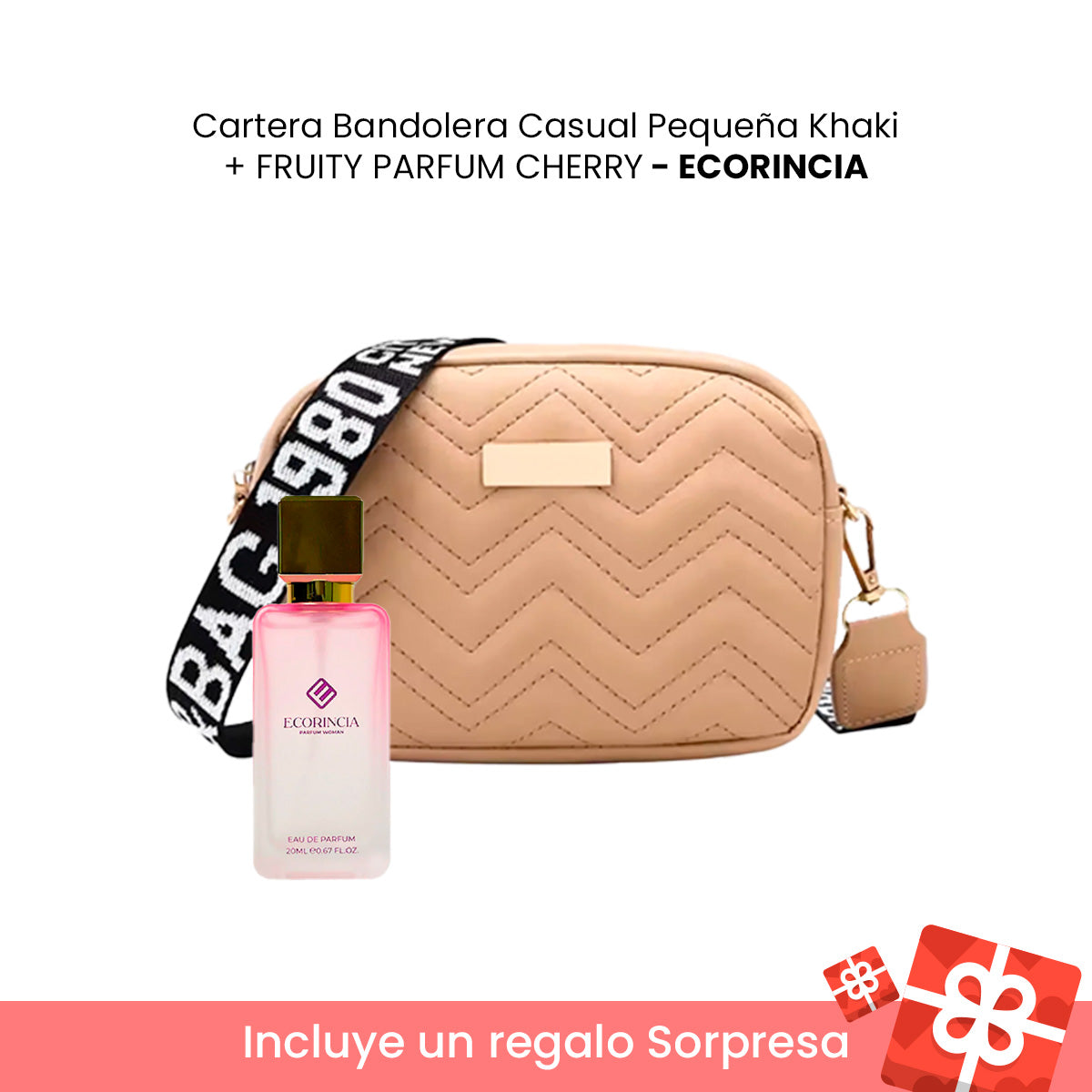 Cartera Bandolera Casual Pequeña Khaki + FRUITY PARFUM CHERRY - ECORINCIA + REGALO SORPRESA