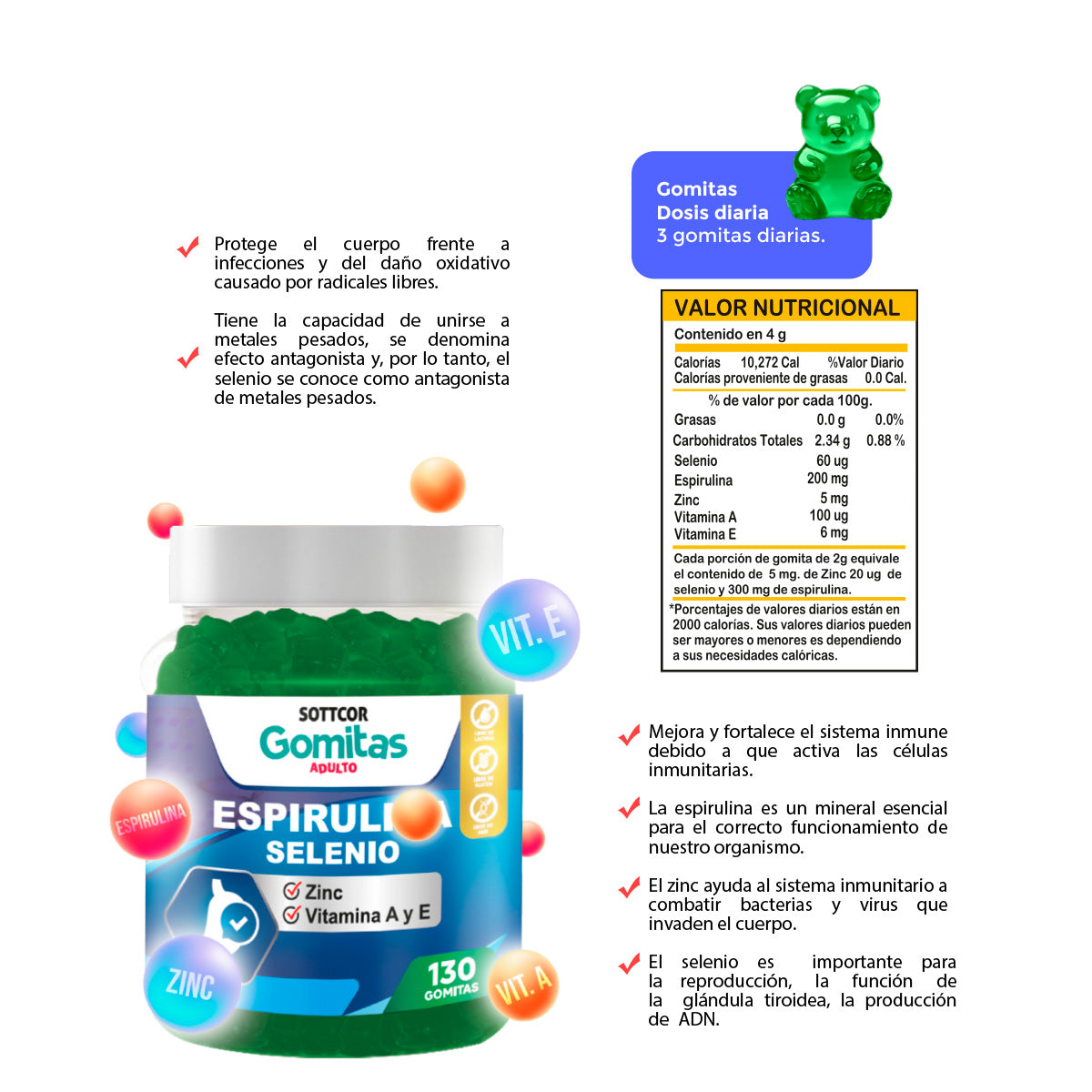 Gomitas con Espirulina Selenio Zinc Vitamina A y E Sottcor 130 Gomitas