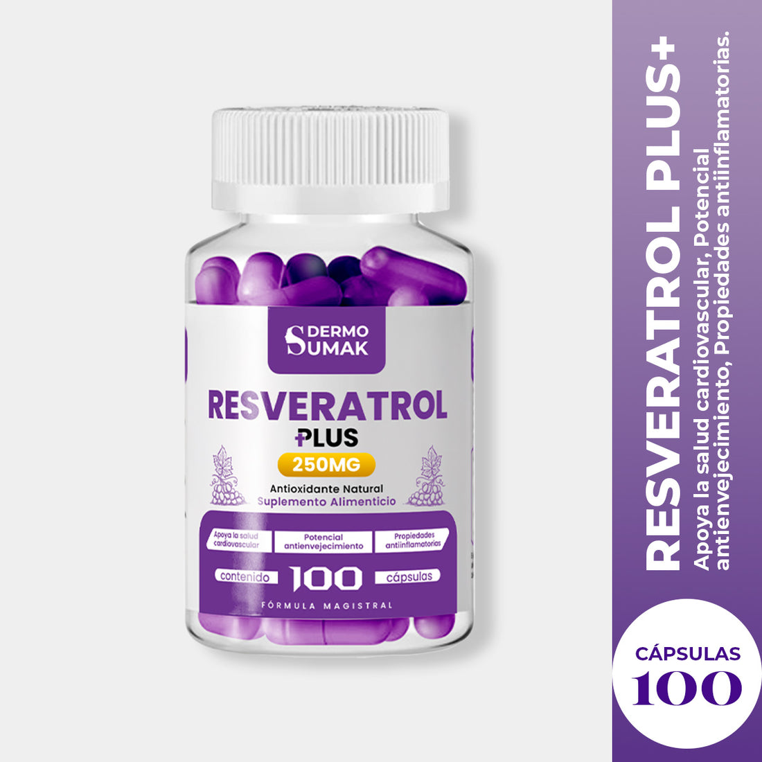 DERMO SUMAK – SUPLEMENTO ANTIOXIDANTE – RESVERATROL PLUS+ – 250mg + REGALO PASTILLERO