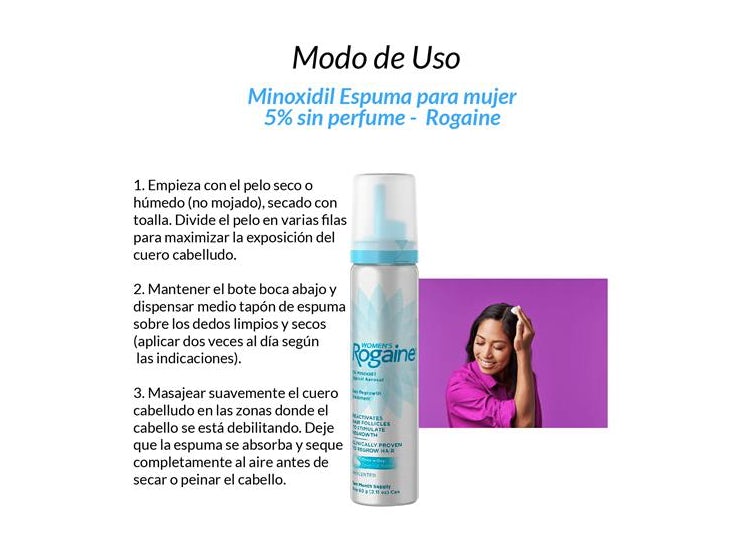 2 Minoxidil ROGAINE® 5 % MUJER + Shampoo Romero Crecepelo 520 ml