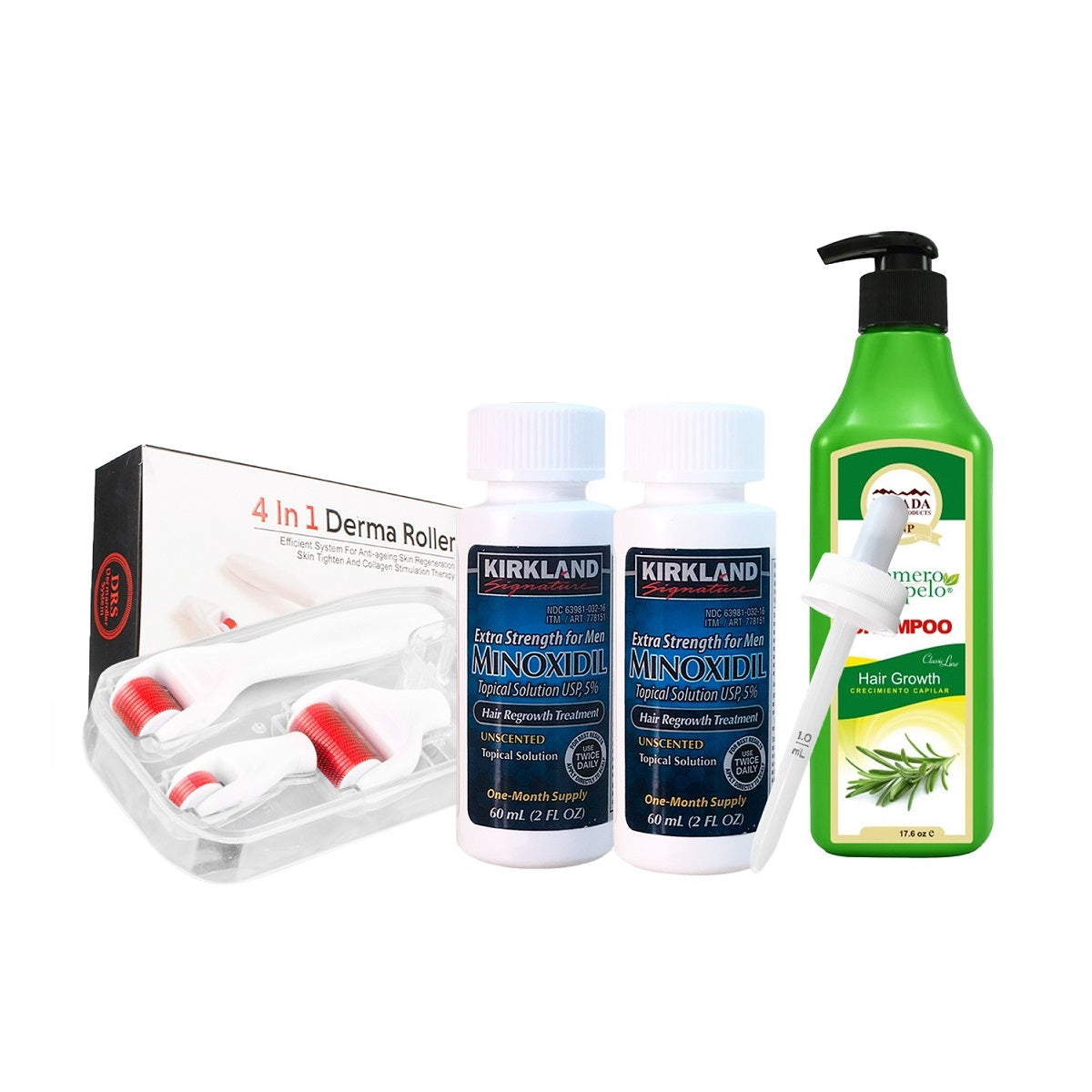 2 Minoxidil Líquido Kirkland con gotero original + Derma Roller 4 en 1 + Shampoo Romero Crecepelo 320 ml