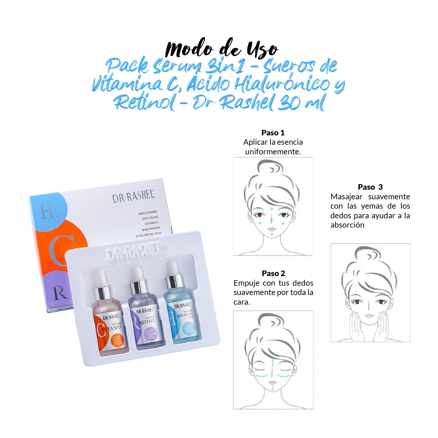 Dr. Rashel Set de 3 Sueros Faciales – Vitamina C, Retinol y Ácido Hialurónico – 30ml c/u