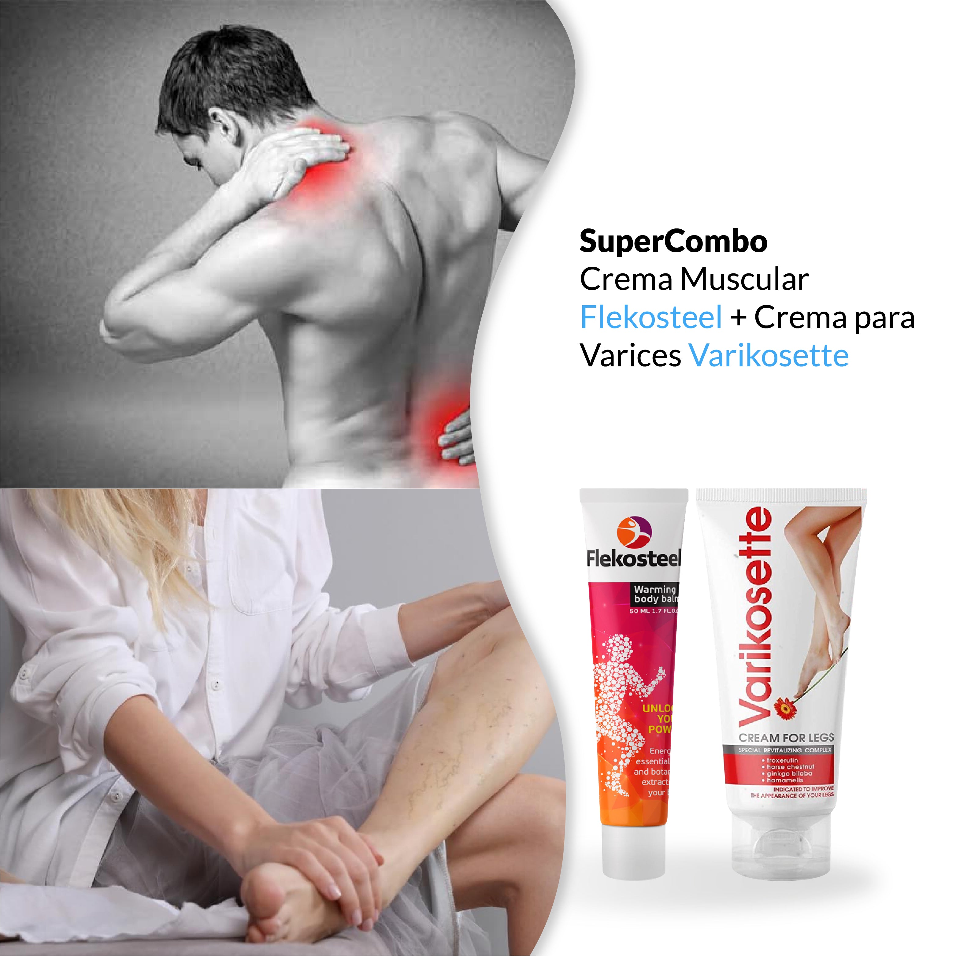 Crema Muscular Flekosteel + Crema para varices Varikosette