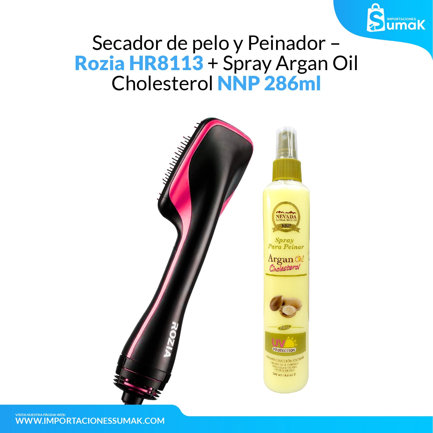 Secador de pelo y Peinador Rozia + Spray Argan Oil Cholesterol