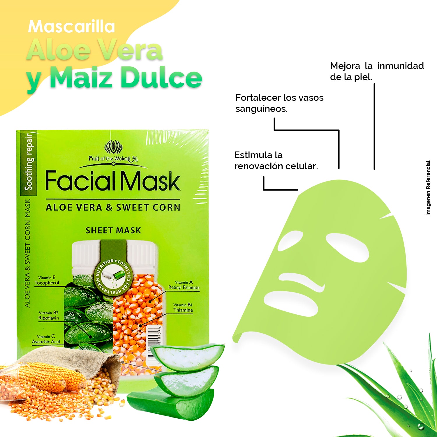 FRUIT OF THE WOKALI – HIDRATANTE Y REAFIRMANTE – MASCARILLA FACIAL DE ALOE VERA Y MAÍZ DULCE – 10 UND