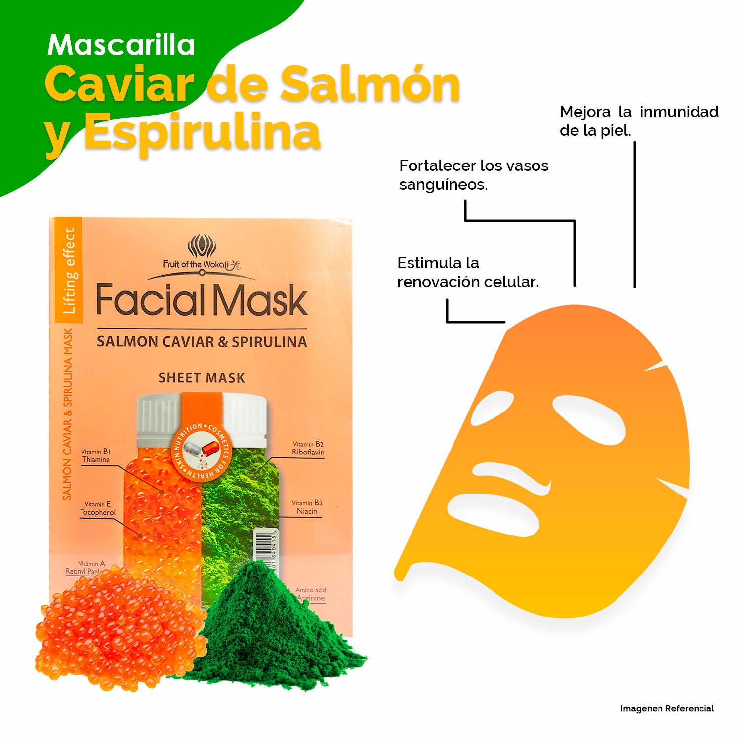FRUIT OF THE WOKALI – MASCARILLA FACIAL HIDRATANTE Y REAFIRMANTE – CAVIAR DE SALMÓN + ESPIRULINA – 30ml x 10und