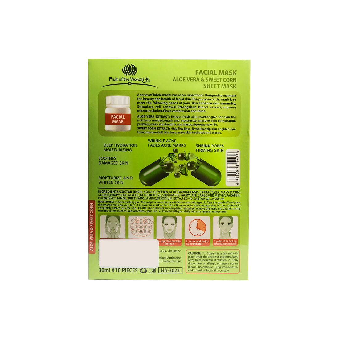 FRUIT OF THE WOKALI – HIDRATANTE Y REAFIRMANTE – MASCARILLA FACIAL DE ALOE VERA Y MAÍZ DULCE – 10 UND
