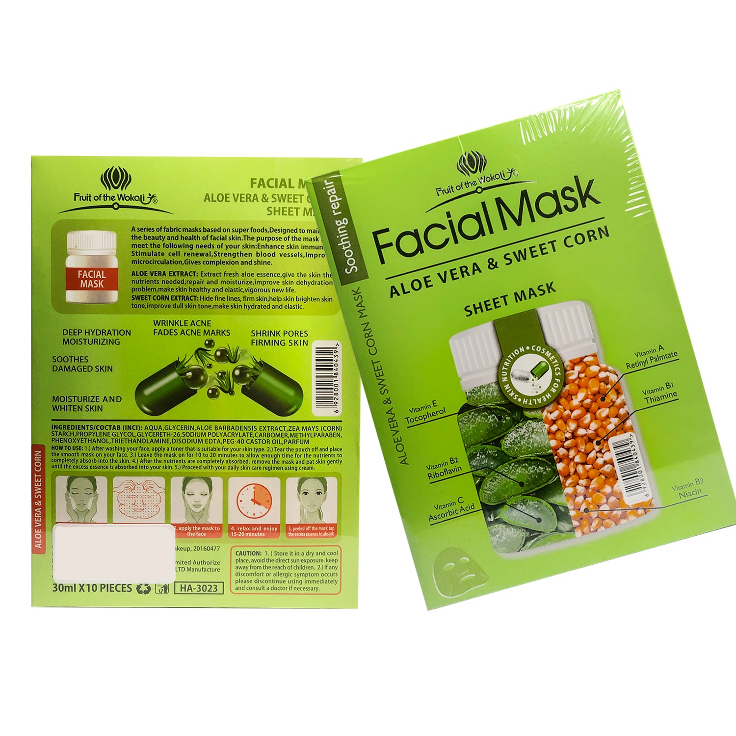 FRUIT OF THE WOKALI – HIDRATANTE Y REAFIRMANTE – MASCARILLA FACIAL DE ALOE VERA Y MAÍZ DULCE – 10 UND