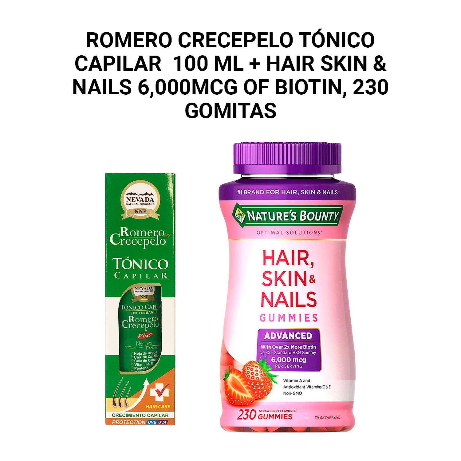 Romero Crecepelo Tónico Capilar 100ml + Hair Skin & Nails 6,000mcg of Biotin, 230 Gomitas