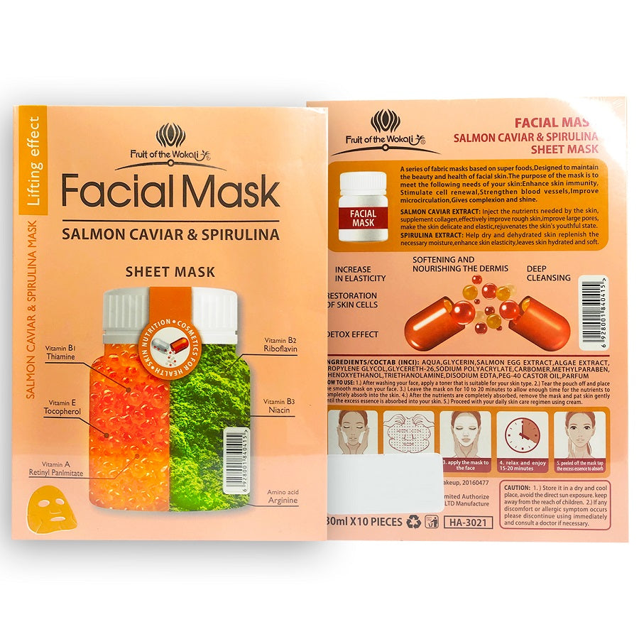 FRUIT OF THE WOKALI – MASCARILLA FACIAL HIDRATANTE Y REAFIRMANTE – CAVIAR DE SALMÓN + ESPIRULINA – 30ml x 10und