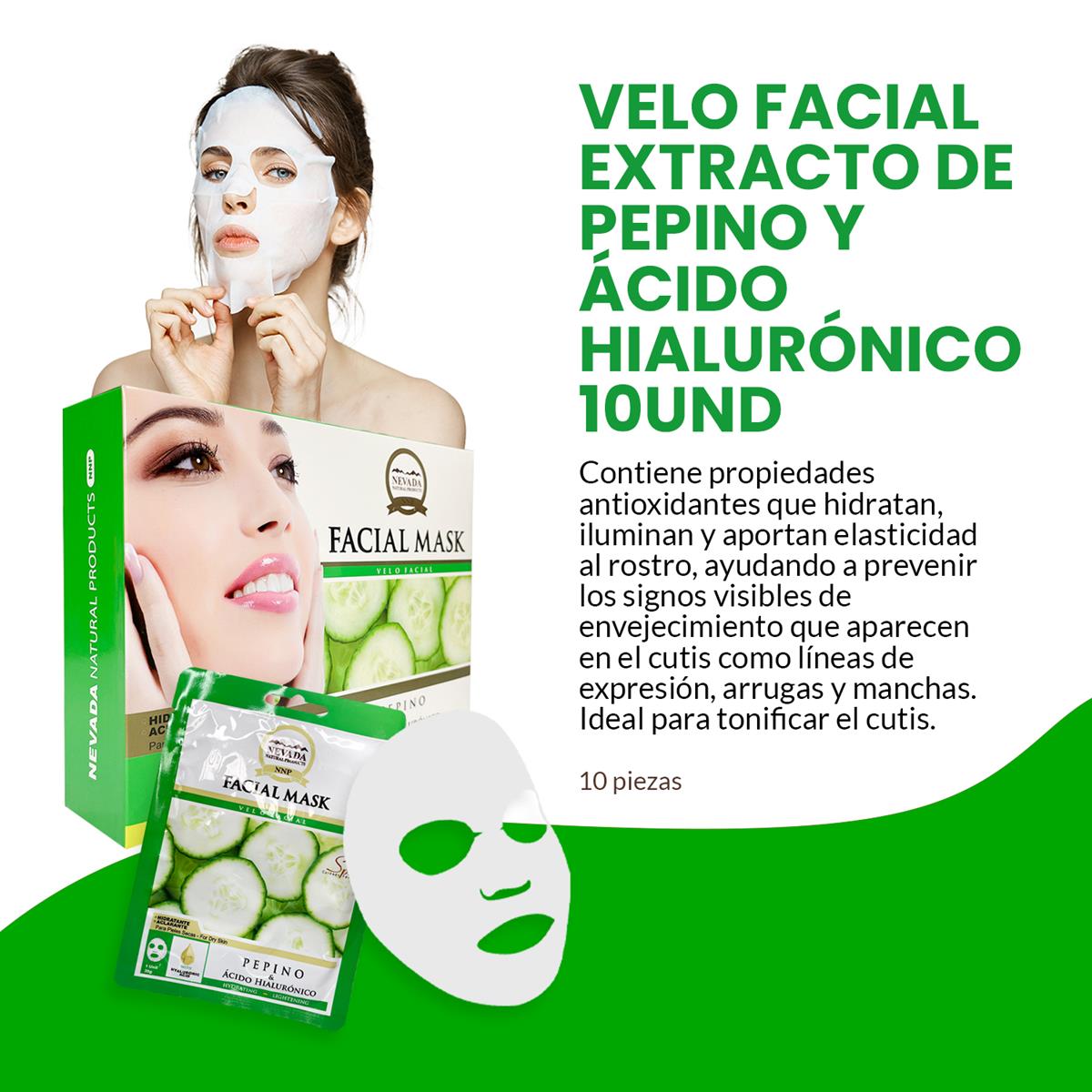 Velo facial extracto de pepino y ácido hialurónico 10unid