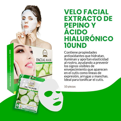 Velo facial extracto de pepino y ácido hialurónico 10unid