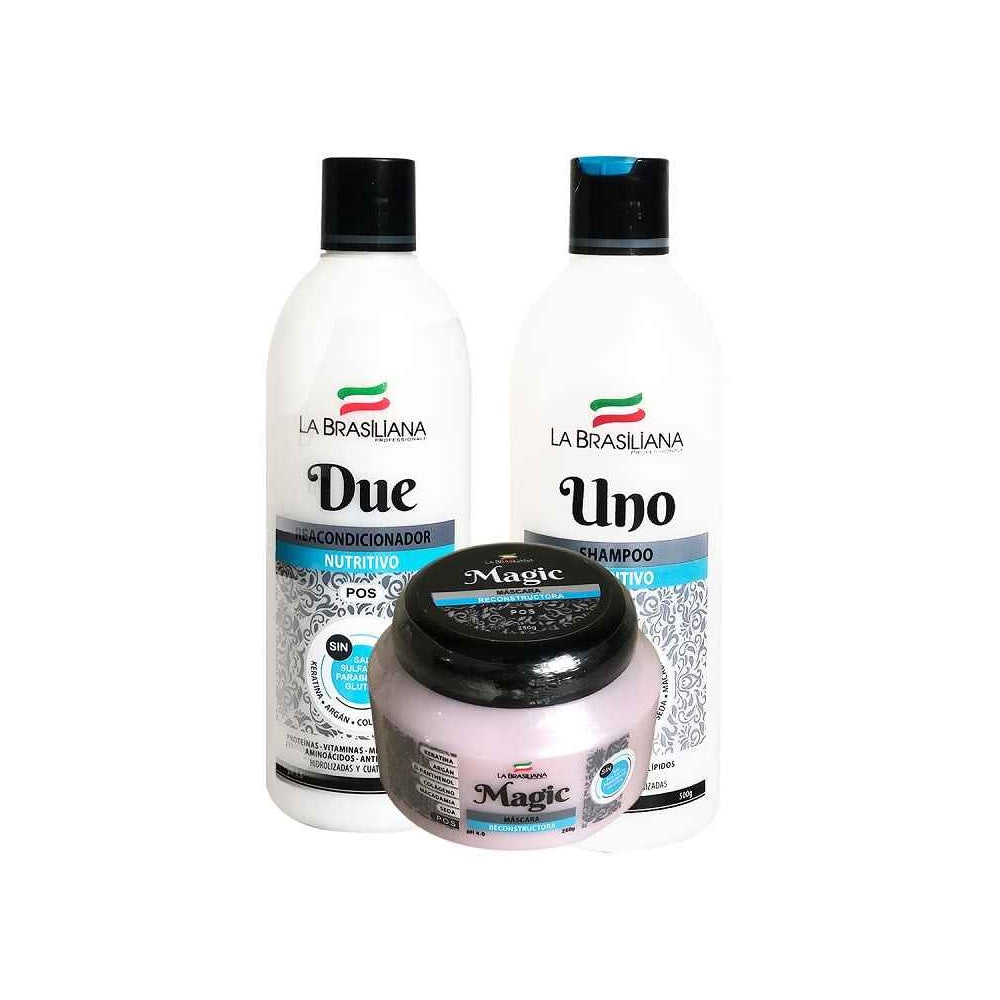 Shampoo Uno 500gr + Reacondicionador Due 500gr + Mascara Reconstructora 250gr - La brasiliana
