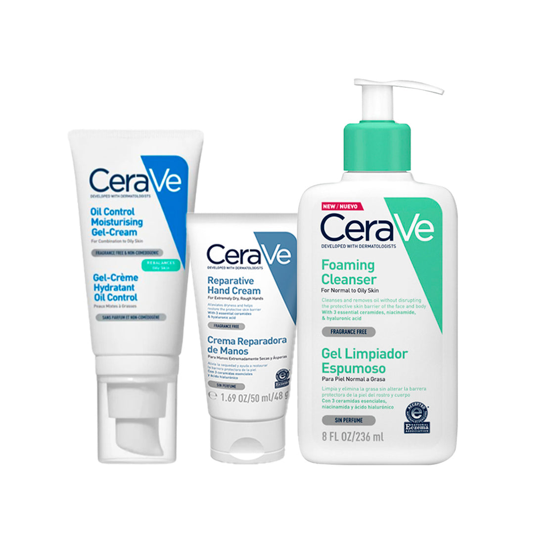Combo CeraVe - Limpiador espumoso 473 ml + Oil Control Matificante + Crema Hidratante Reparadora de Manos 50ml + REGALO SORPRESA