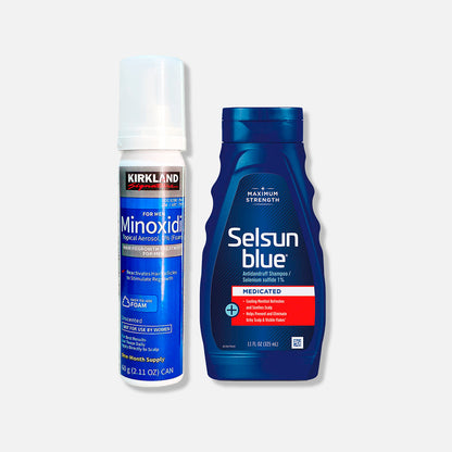 MINOXIDIL ESPUMA 60G - KIRKLAND + SHAMPOO MEDICADO 325ML - SELSUN BLUE