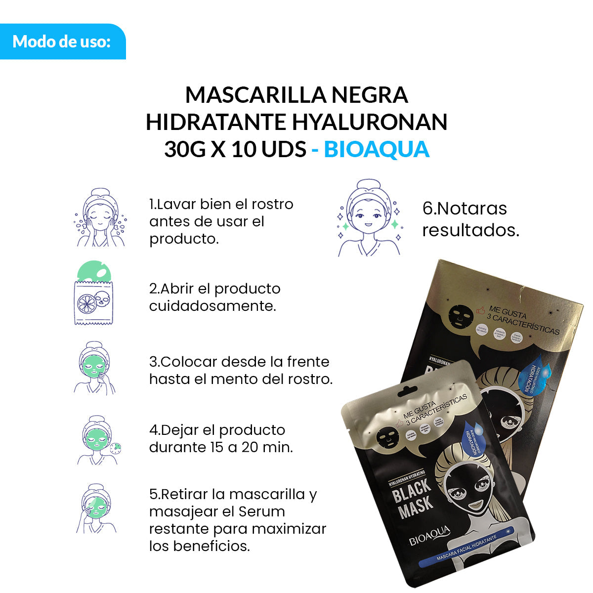 Mascarilla Negra Hidratante Hyaluronan 30G X 10 Uds - Bioaqua