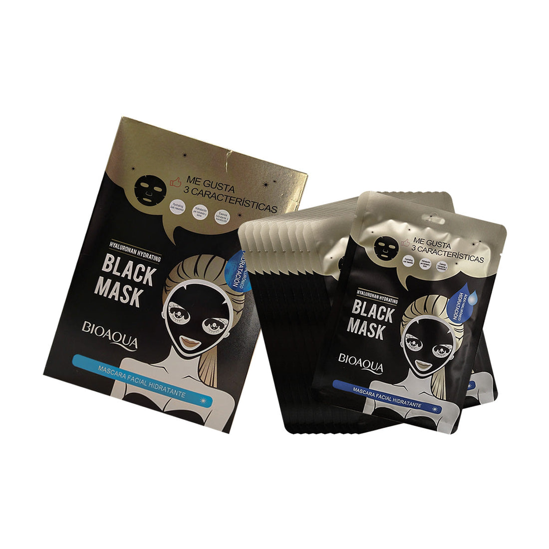 BIOAQUA Mascarilla Negra Hidratante con Ácido Hialurónico – Paquete x10 (30g c/u)