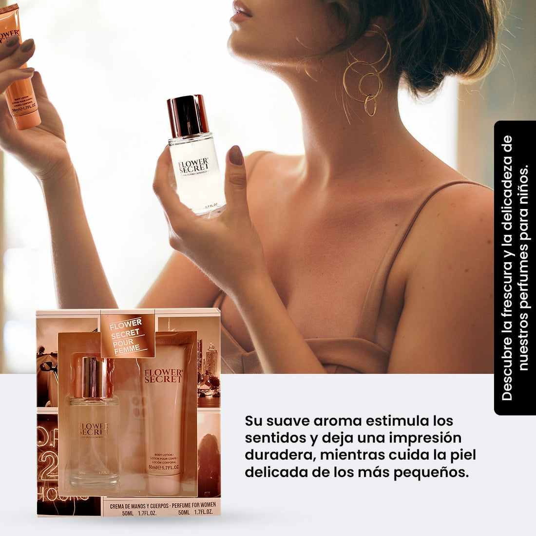 FLOWER SECRET – FRAGANCIA Y CUIDADO DE MANOS – PERFUME FOR WOMEN + CREMA DE MANO Y CUERO – 50ML + 50ML