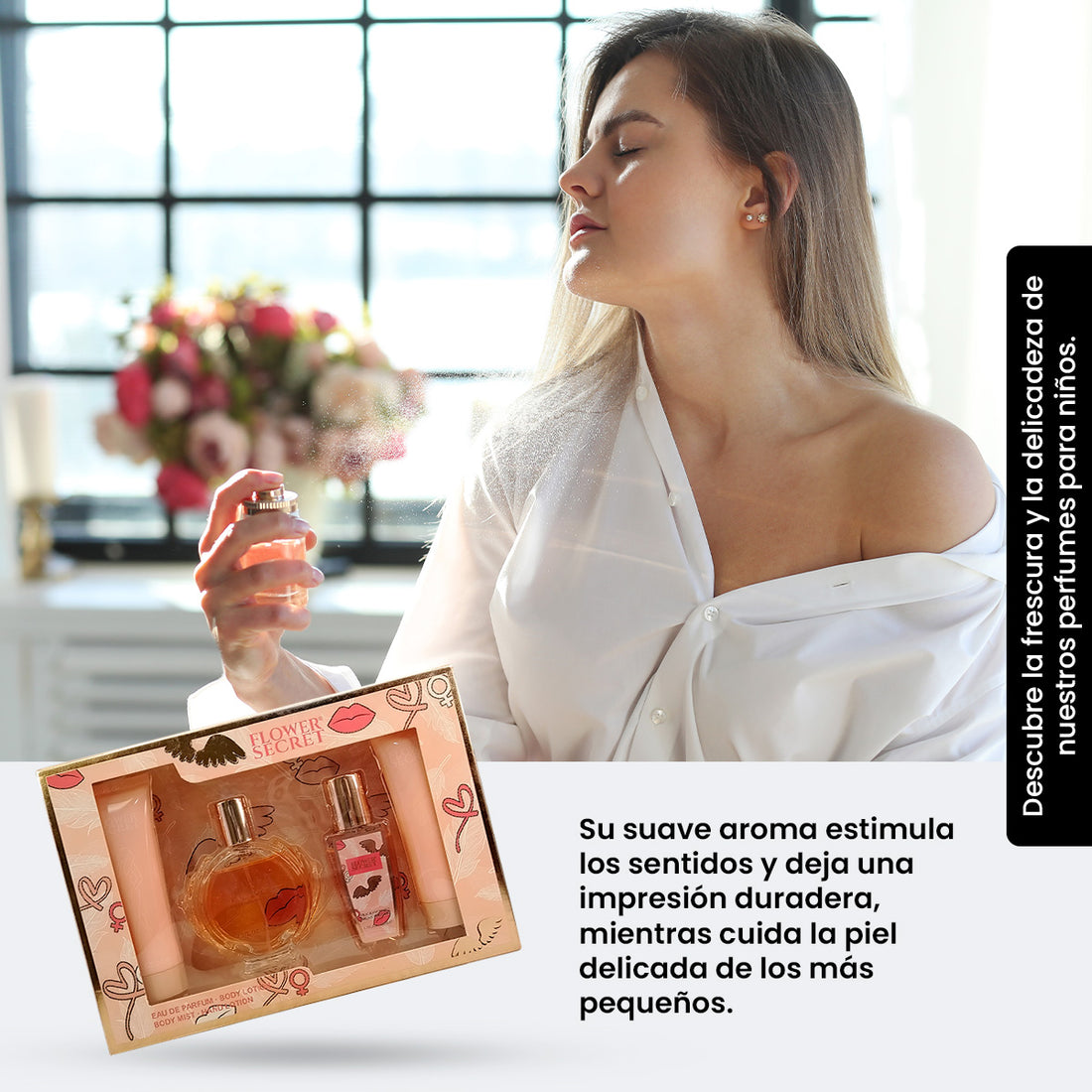 FLOWER SECRET – FRAGANCIA Y CUIDADO CORPORAL – EAU DE PARFUM + BODY LOTION + BODY MIST + HAND LOTION – KIT