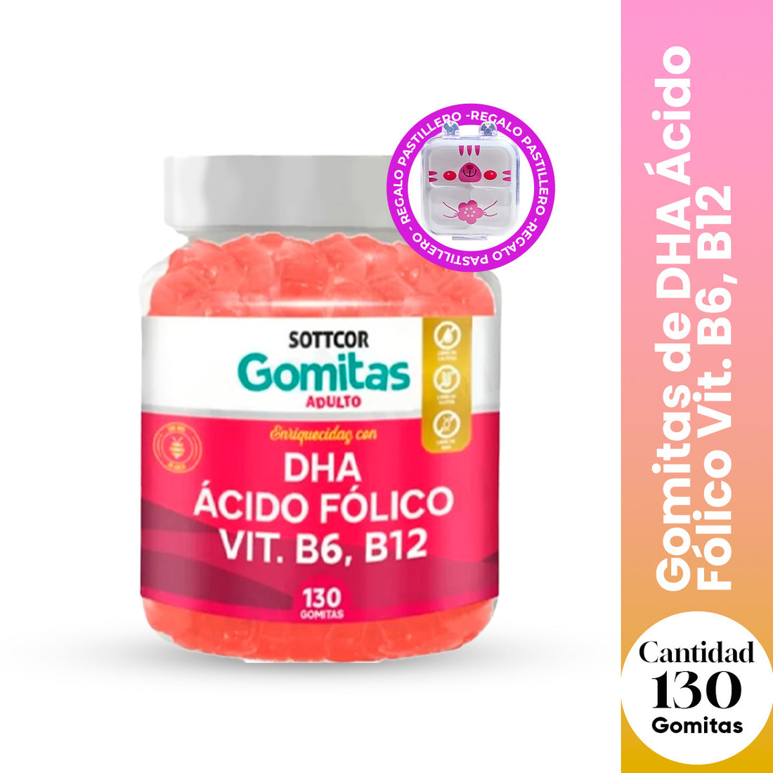 Gomitas con DHA Ácido Fólico Vit. B6, B12 Colina Sottcor 130 Gomitas + REGALO PORTA GOMITAS