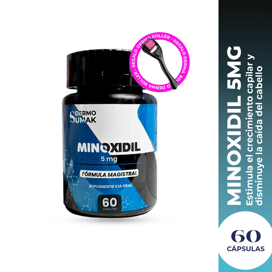 DERMO SUMAK – SUPLEMENTO PARA CRECIMIENTO CAPILAR – MINOXIDIL 5MG PREMIUN – 60 CÁPSULAS + REGALO DERMA ROLLER