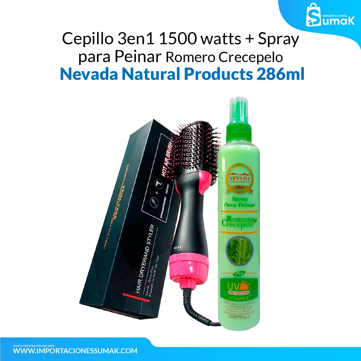 Cepillo 3en1 1500 watts + Spray para peinar Romero Crecepelo