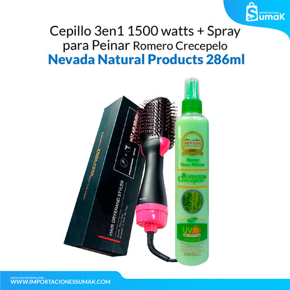 Cepillo 3en1 1500 watts + Spray para peinar Romero Crecepelo