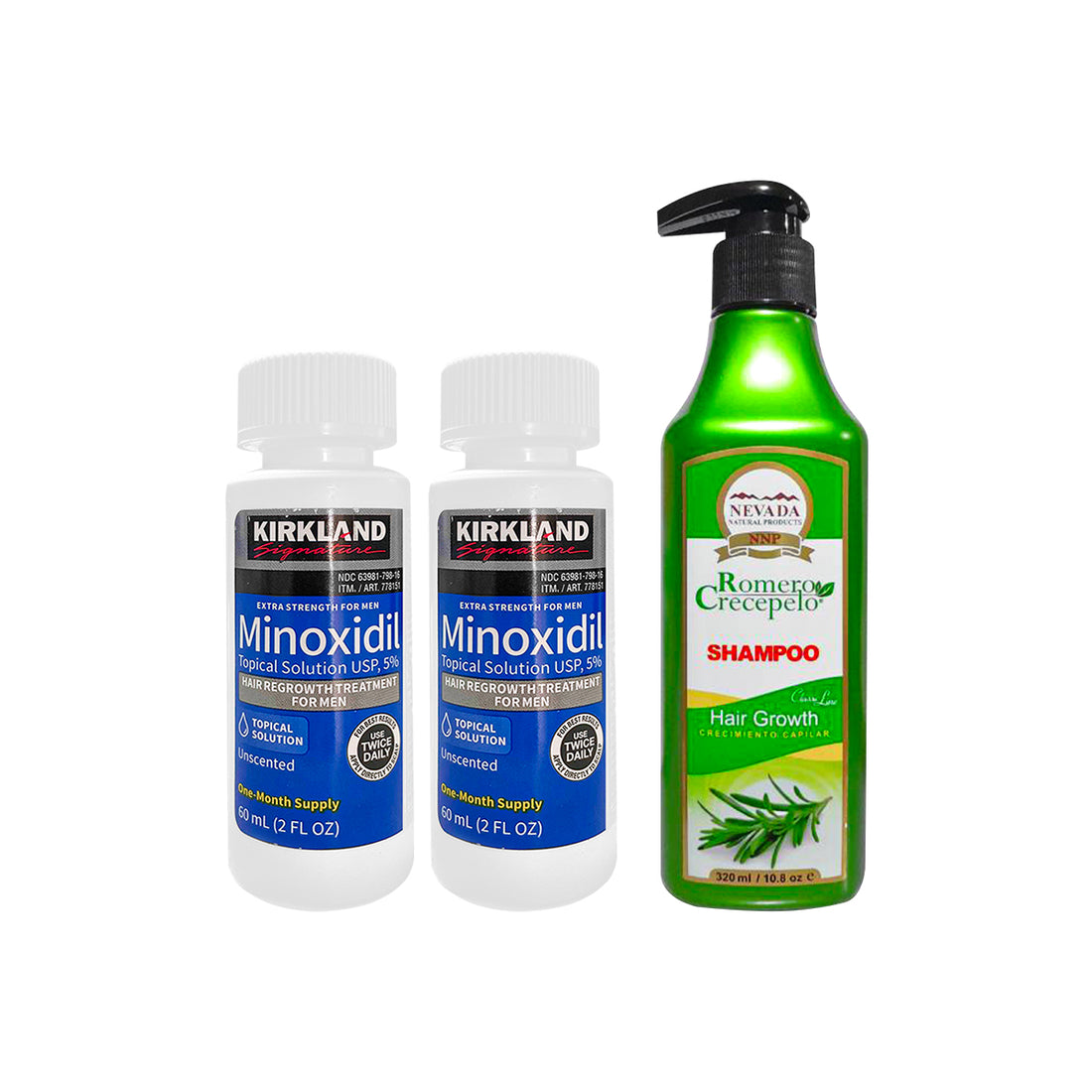 2 Minoxidil Líquido Kirkland con gotero original + Shampoo Romero Crecepelo 320 ml
