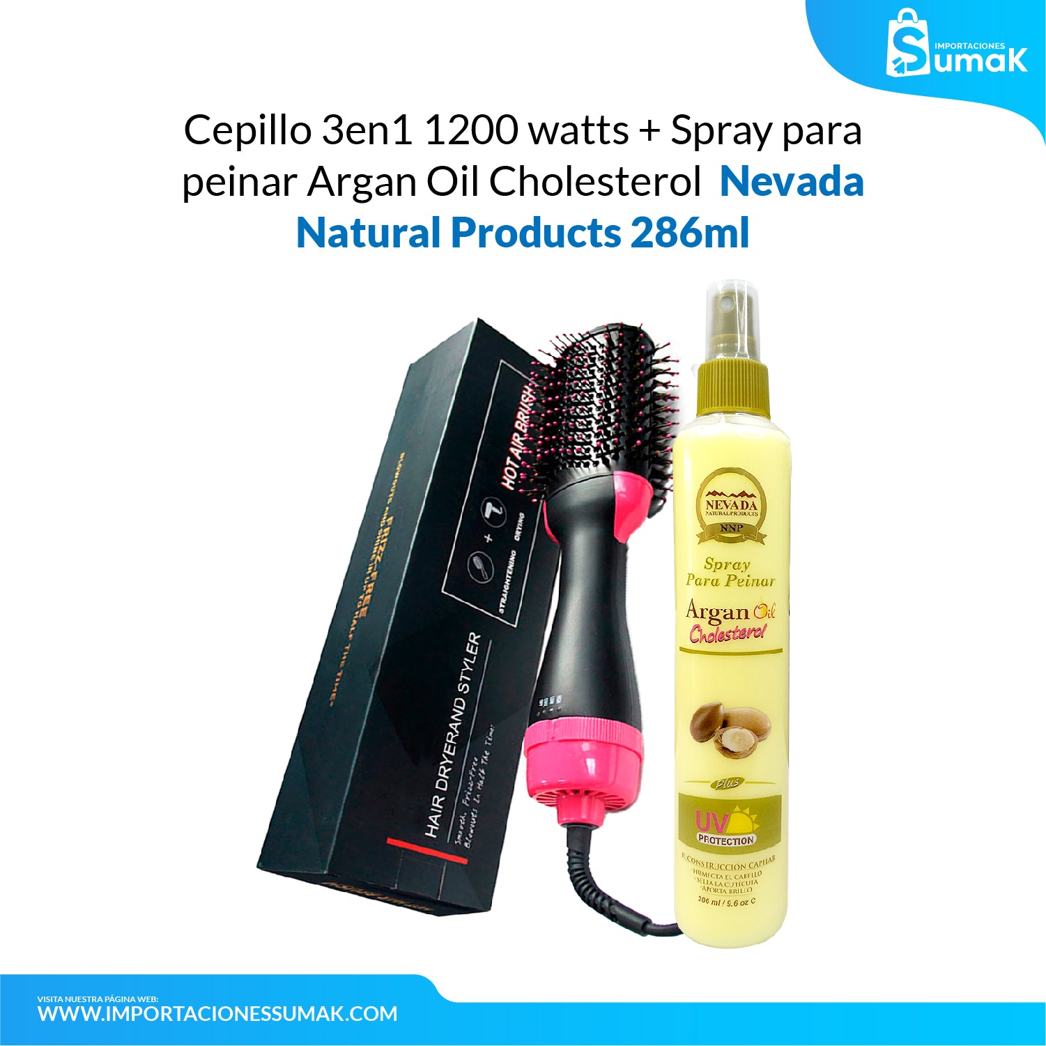 Cepillo 3en1 1200 watts + Spray para Peinar Argan Oil Cholesterol