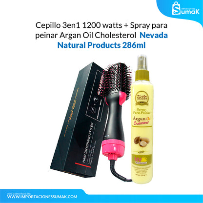 Cepillo 3en1 1200 watts + Spray para Peinar Argan Oil Cholesterol