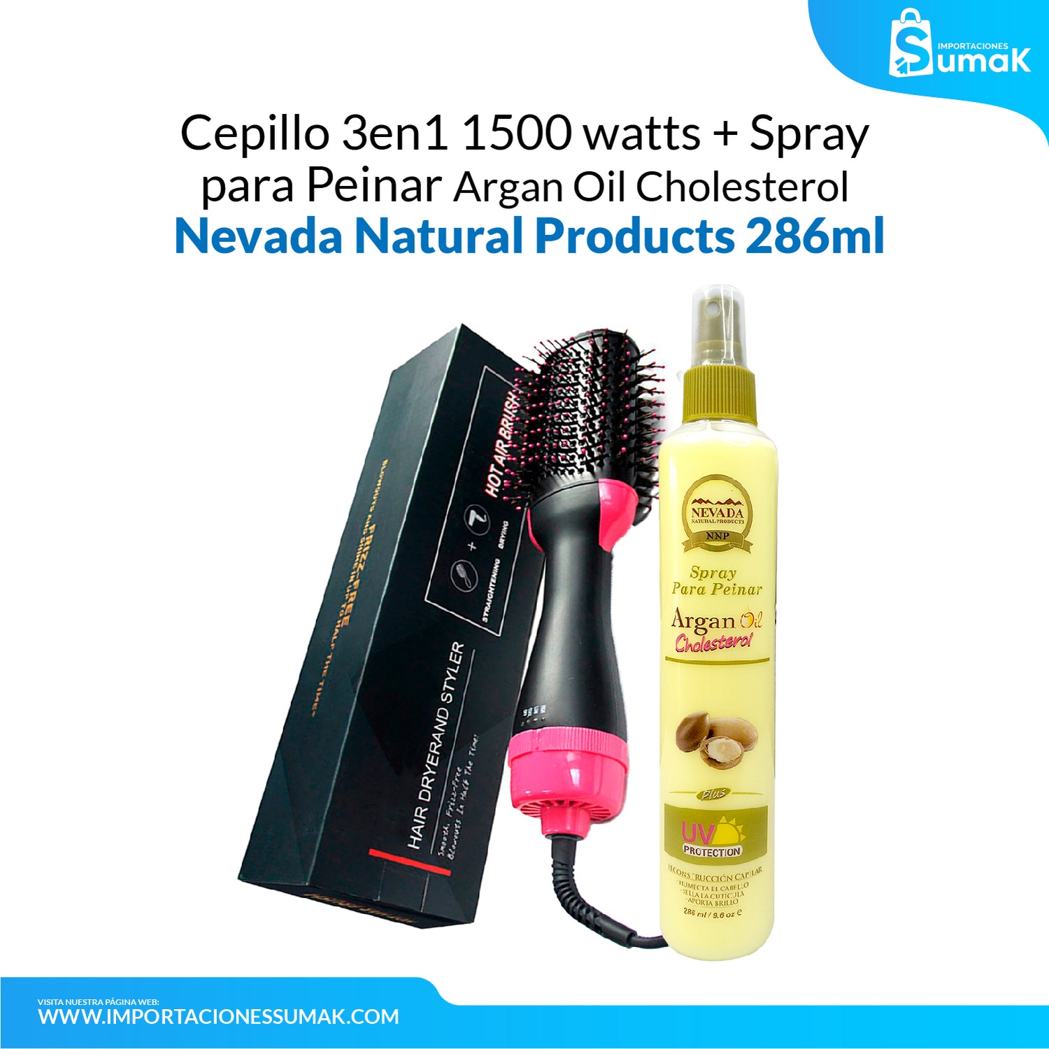 Cepillo 3en1 1500 watts + Spray para Peinar Argan Oil Cholesterol