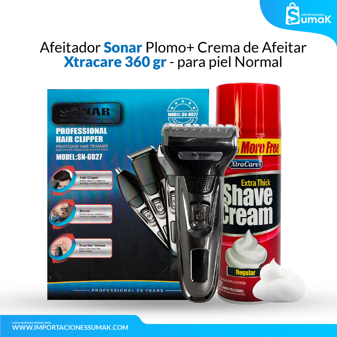 Afeitador Sonar 6027 Plomo + Crema de Afeitar xtracare 360 gr - para Piel Normal