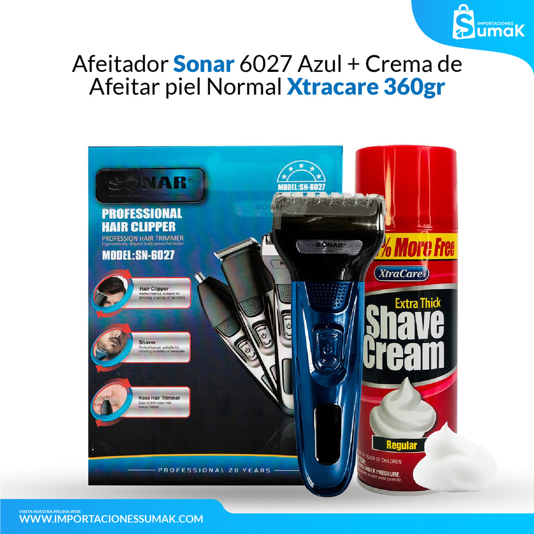 Afeitador Sonar 6027 Azul + Crema de Afeitar Xtracare 360 gr - para Piel Normal