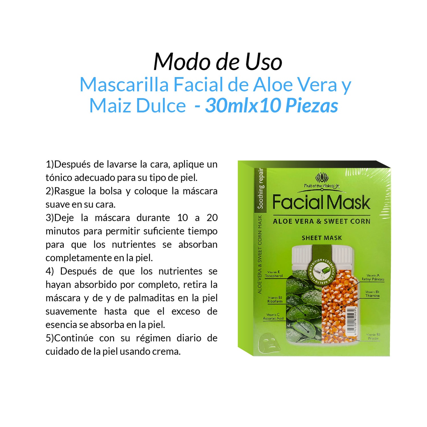 Mascarilla Facial de Aloe Vera y Maiz Dulce 30ml x10 piezas.