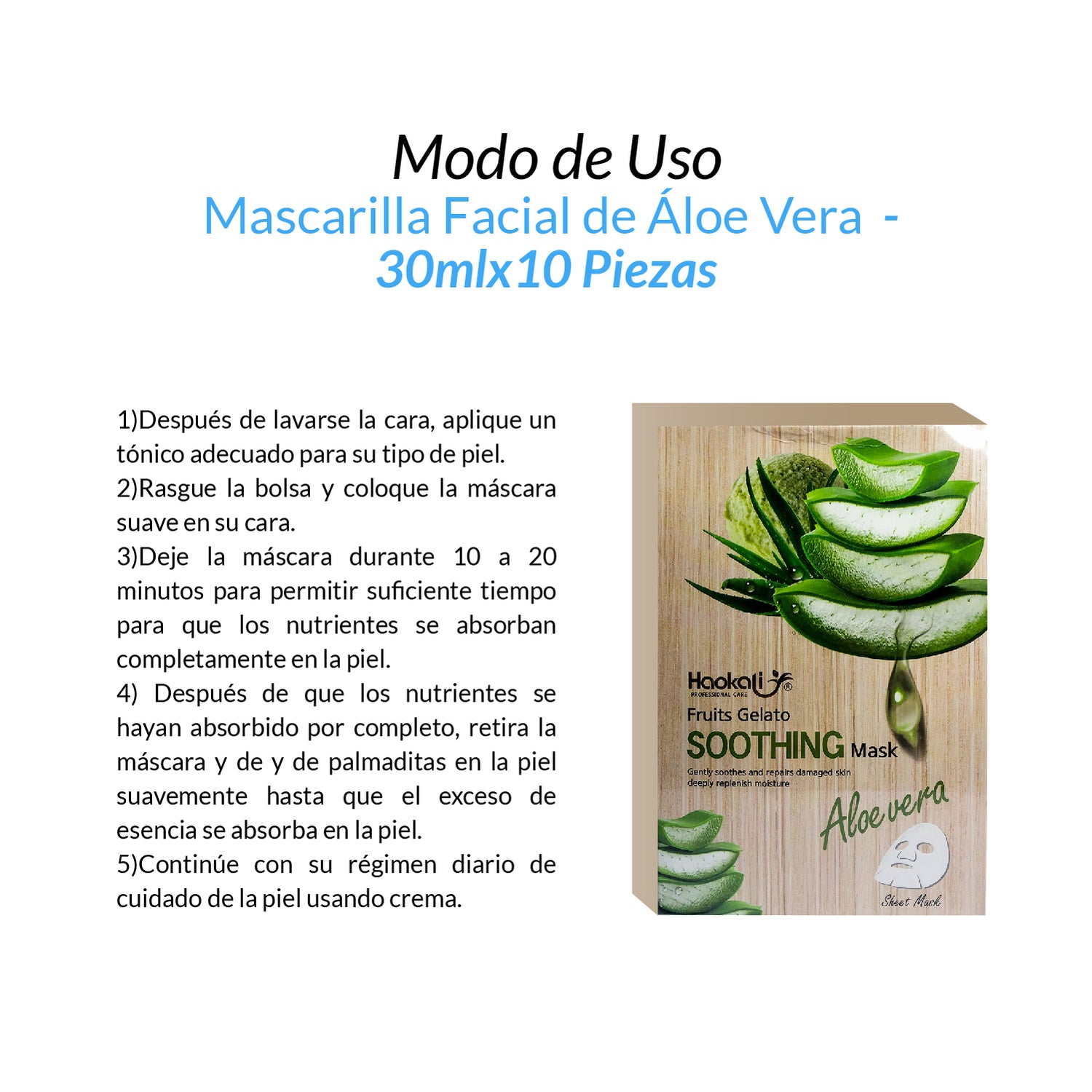 Mascarilla Calmante de Aloe Vera 30mlx10 piezas.