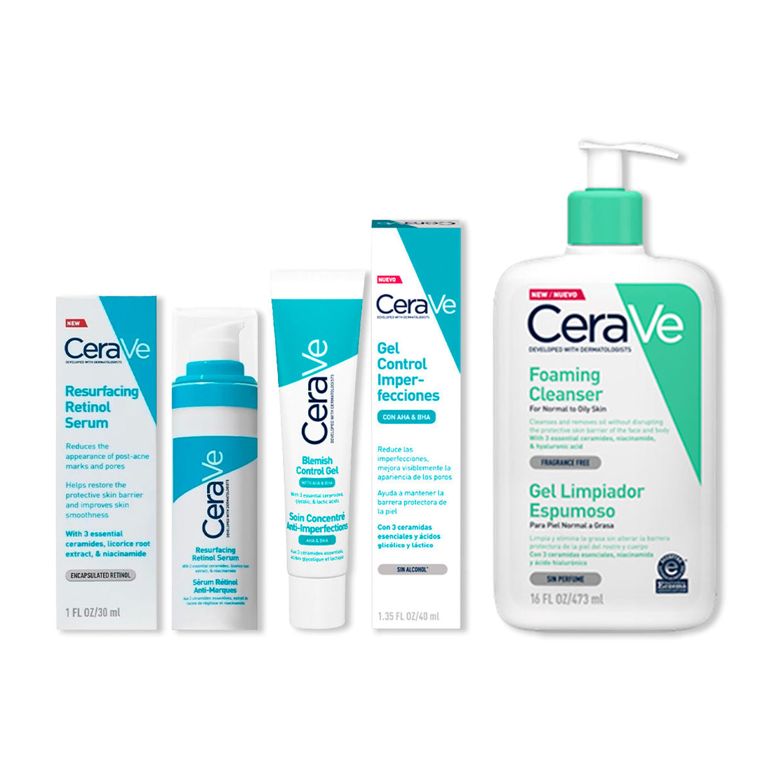 CeraVe Tratamiento Anti-imperfecciones Blemish Control 40ml+CeraVe Gel Limpiador Espumoso Foaming Cleanser 473ml+Resurfacing face serum con retinol y niacinamida - Cerave 30 Ml