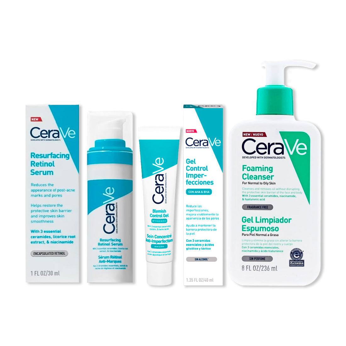 CeraVe Tratamiento Anti-imperfecciones Blemish Control 40ml+CeraVe Gel Limpiador Espumoso Foaming Cleanser 236ml+Resurfacing face serum con retinol y niacinamida - Cerave 30 Ml