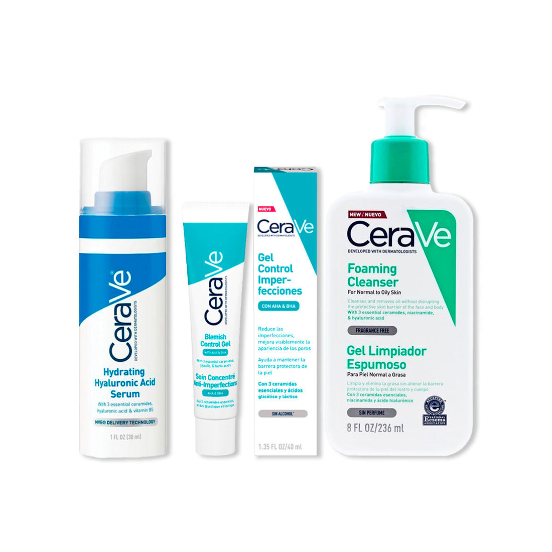 CeraVe Tratamiento Anti-imperfecciones Blemish Control 40ml + CeraVe Gel Limpiador Espumoso Foaming Cleanser 236ml + Cerave Sérum hidratante con ácido hialorónico 30ml