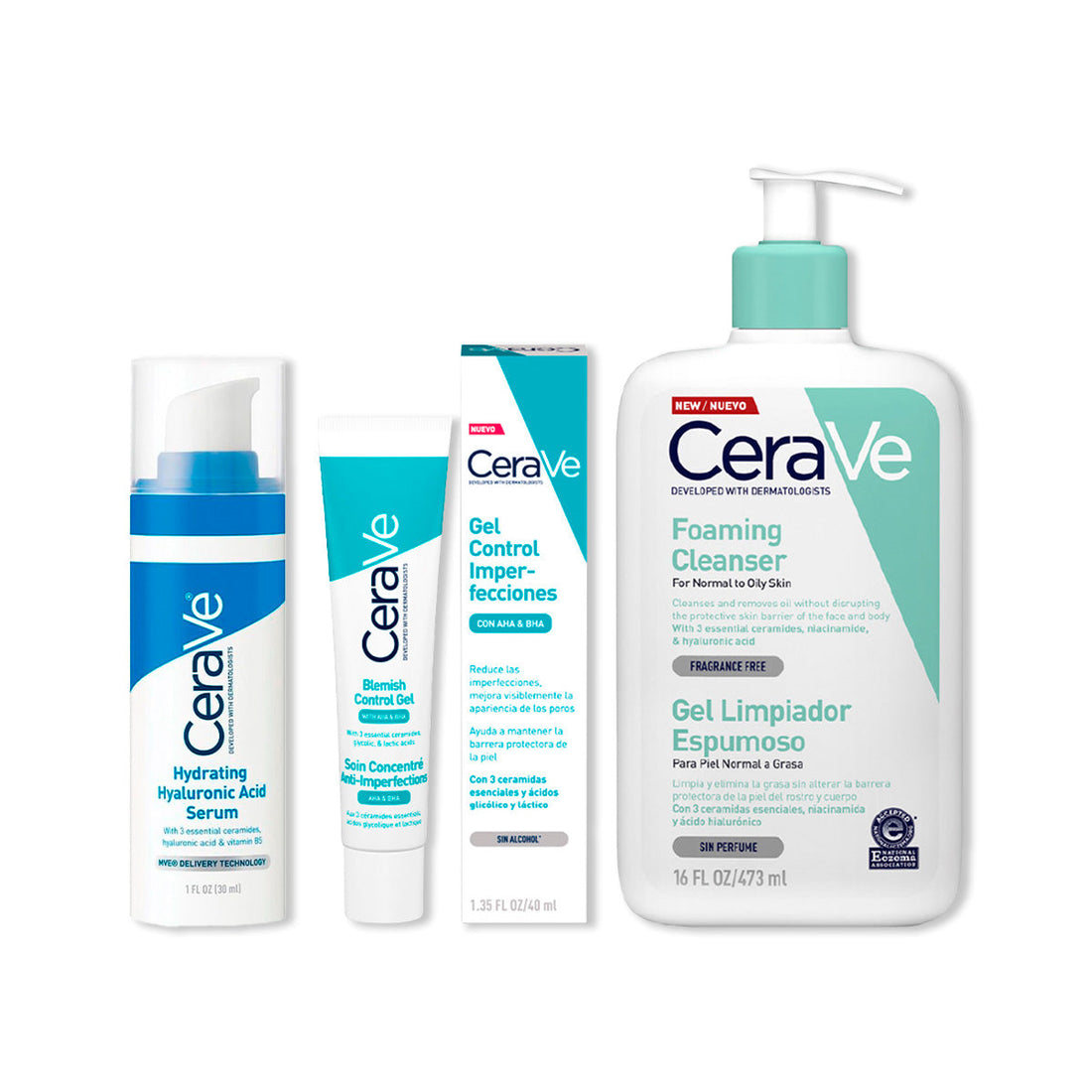 CeraVe Tratamiento Anti-imperfecciones Blemish Control 40ml+CeraVe Gel Limpiador Espumoso Foaming Cleanser 473ml+Cerave Sérum hidratante con ácido hialorónico 30ml