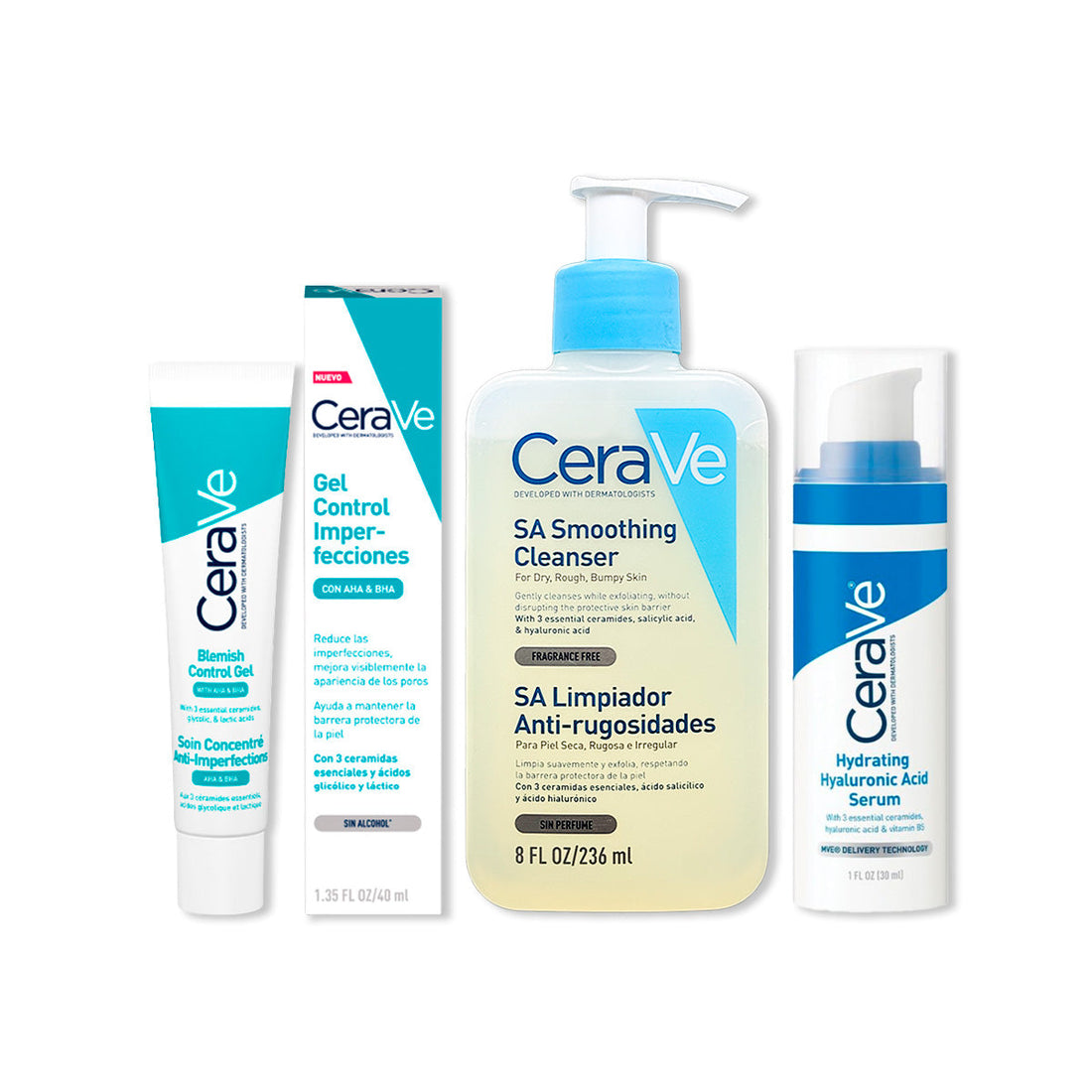 CeraVe Tratamiento Anti-imperfecciones Blemish Control 40ml+CeraVe Limpiador Suavizante SA Smoothing Cleanser 236ml+Cerave Sérum hidratante con ácido hialorónico 30ml