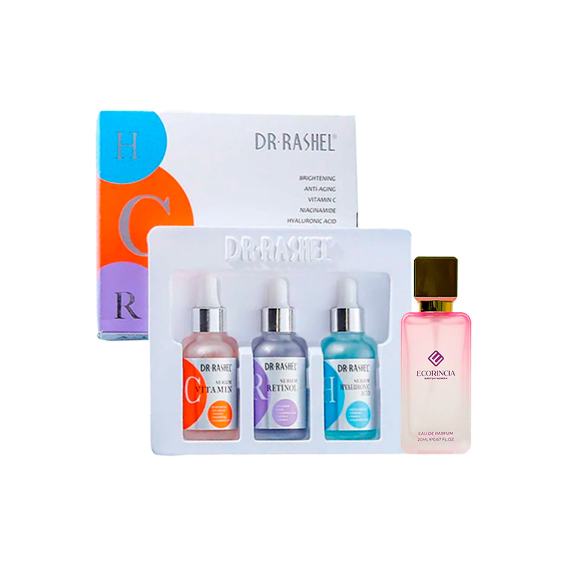 kit Serum 3 en 1 - Sueros de Vitamina C, Ácido Hialurónico y Retinol - Dr Rashel 30 ml + FRUITY PARFUM CHERRY - ECORINCIA  + REGALO SORPRESA