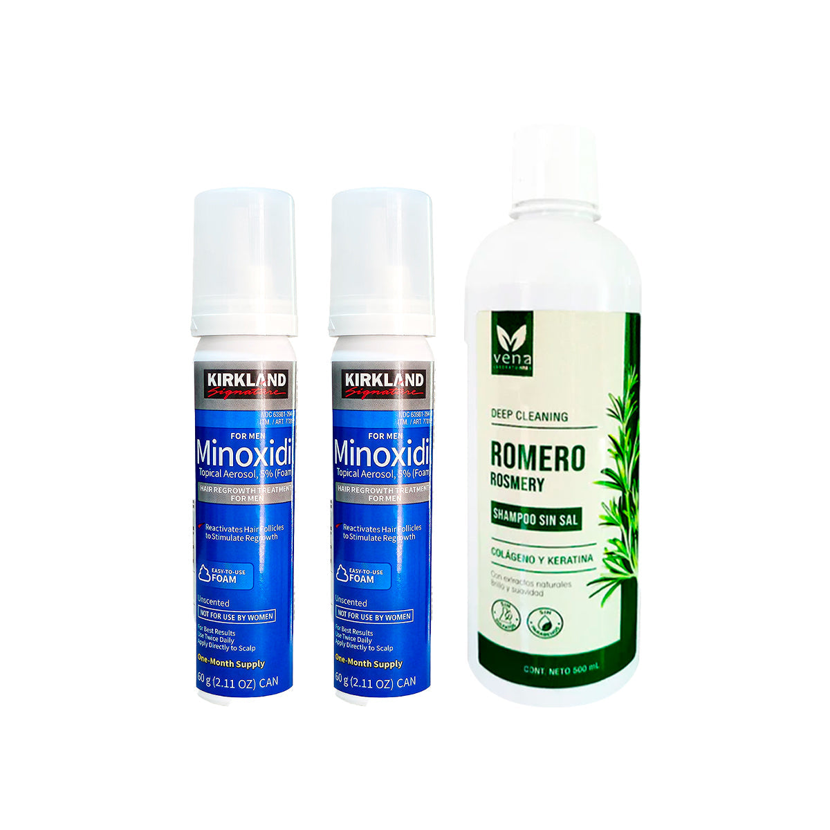 2 Minoxidil Espuma Kirkland + Shampoo Romero Vena 500ml