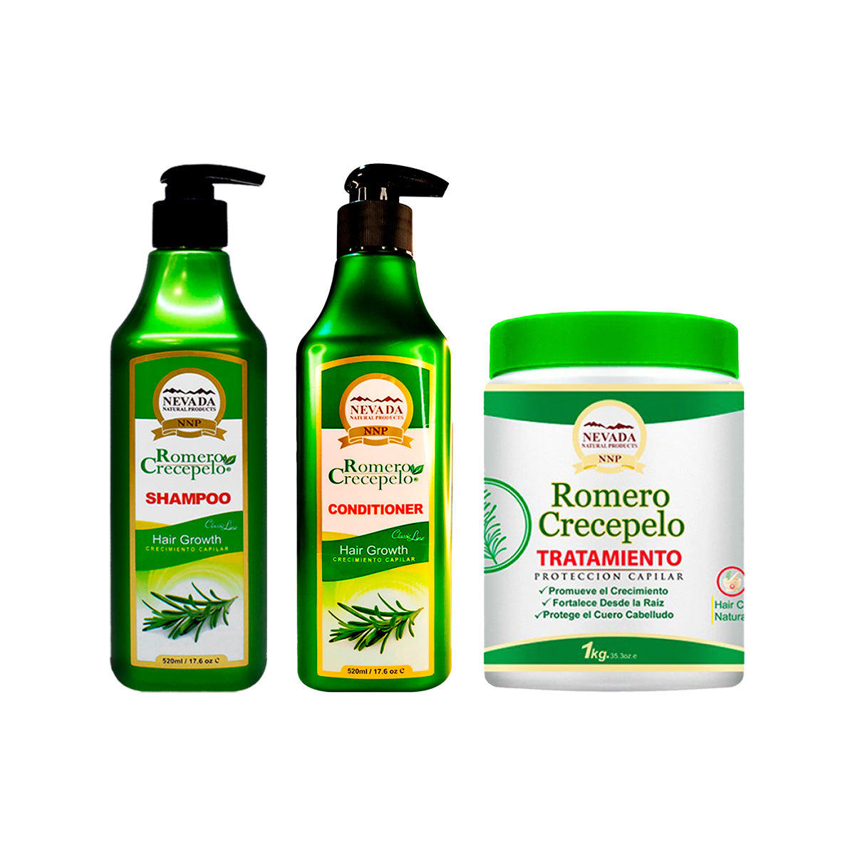 Shampoo y Acondicionador 520ml + Cremero 1Kg Romero Crecepelo