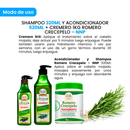 Shampoo 320ml y Acondicionador 520ml + Cremero 1Kg Romero Crecepelo