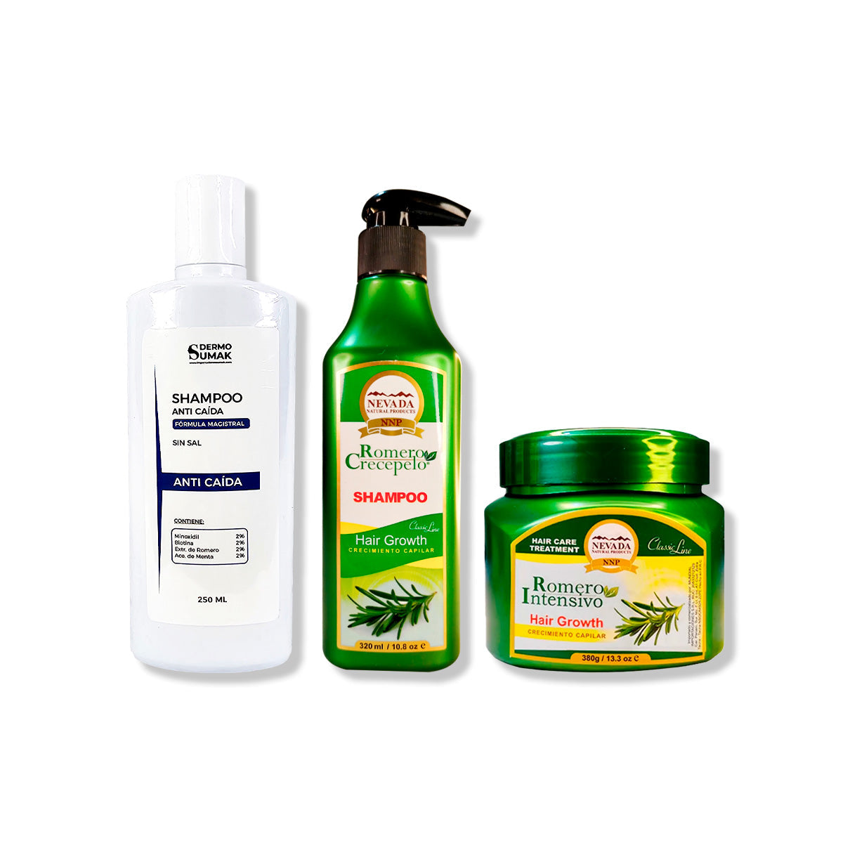 SHAMPOO ANTICAIDA 250ML + SHAMPOO ROMERO 320ML + CREMA DE CRECIMIENTO