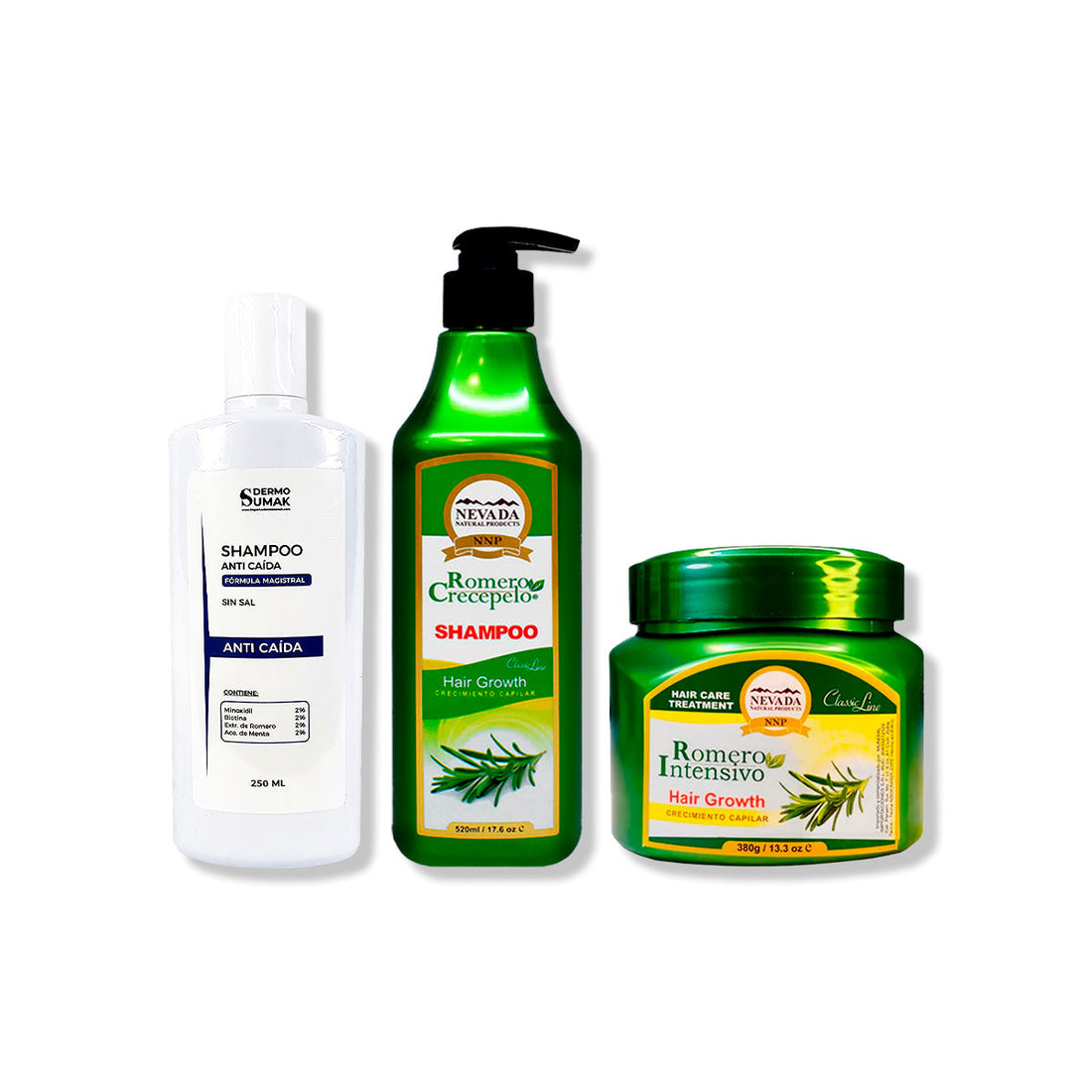 SHAMPOO ANTICAIDA 250ML + SHAMPOO ROMERO 520ML + CREMA DE CRECIMIENTO