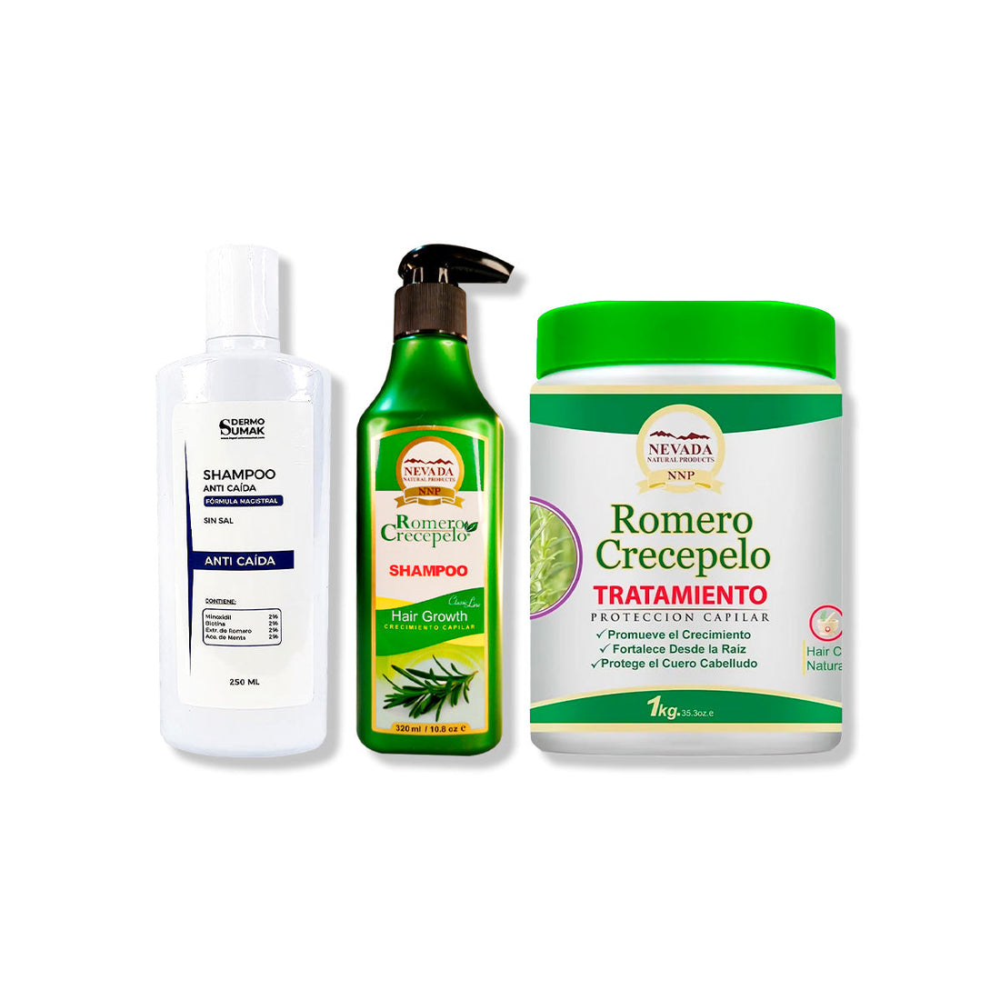 SHAMPOO ANTICAIDA 250ML + SHAMPOO ROMERO 320ML + TRATAMIENTO CAPILAR