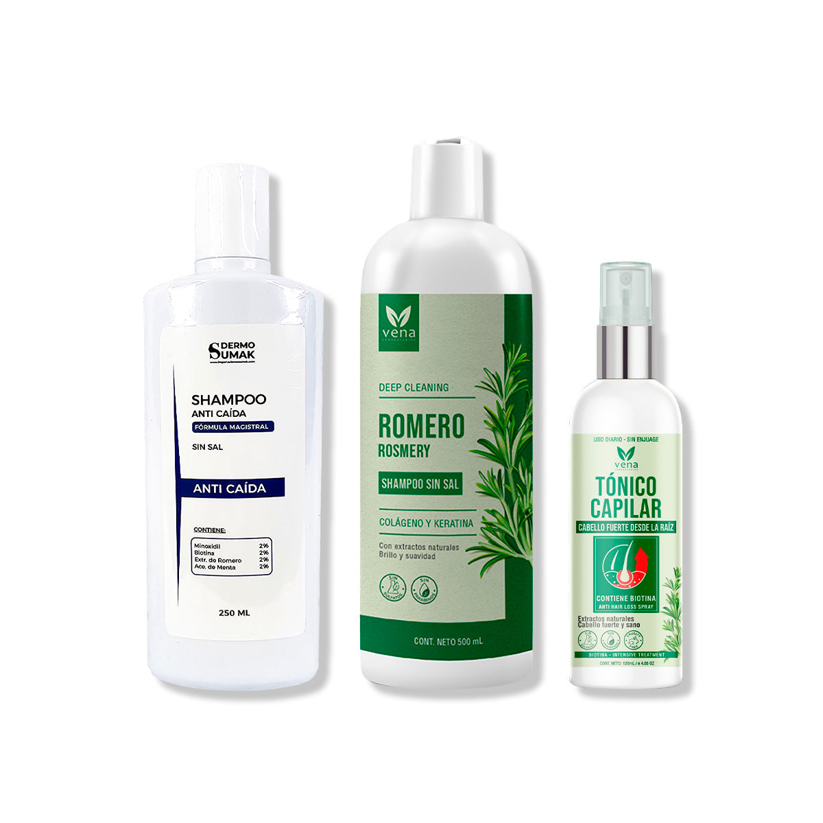 SHAMPOO ANTICAIDA 250ML + SHAMPOO ROMERO VENA + TÓNICO CAPILAR VENA