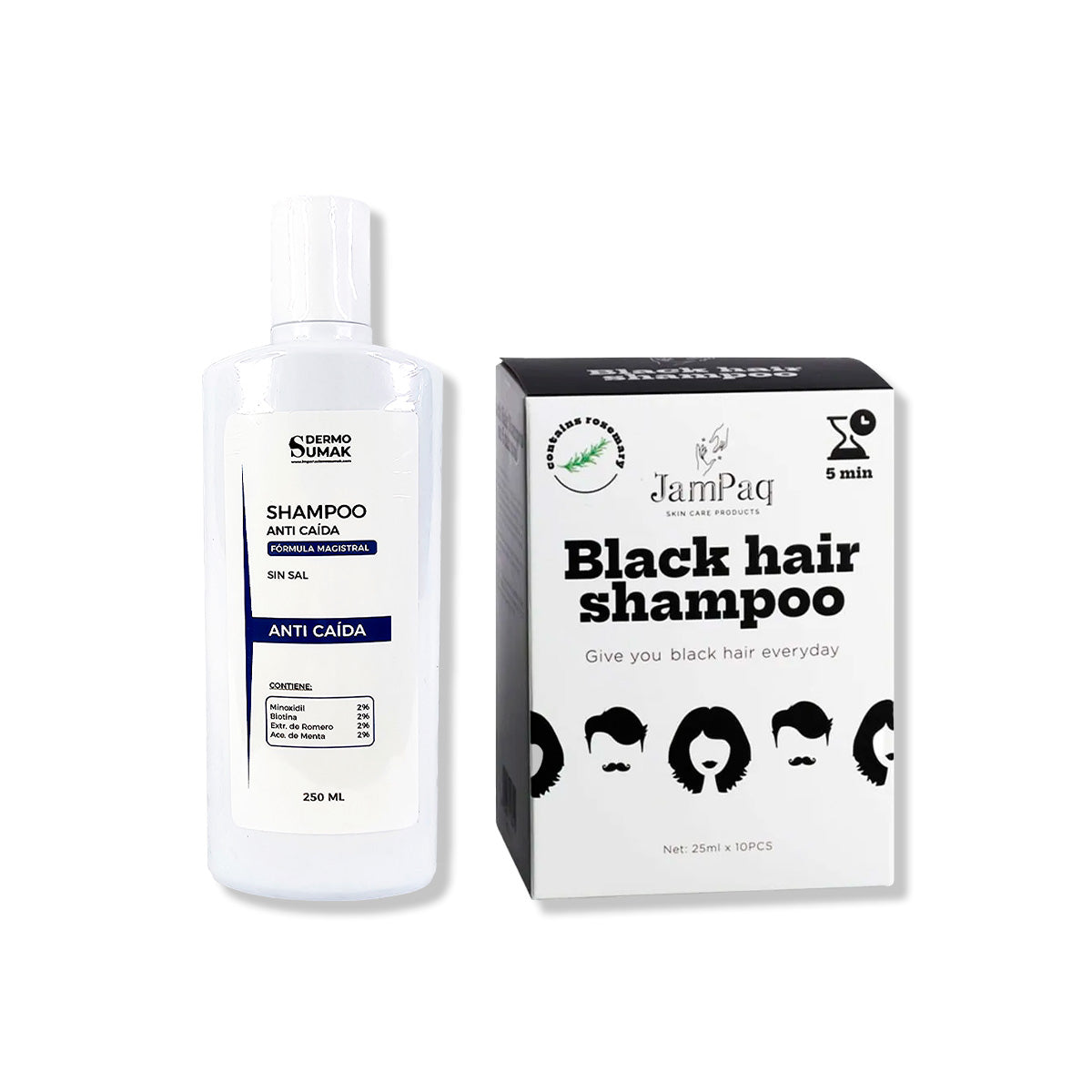 SHAMPOO ANTICAIDA 250ML + SHAMPOO CUBRE CANAS NEGRO 250ML JAMPAQ