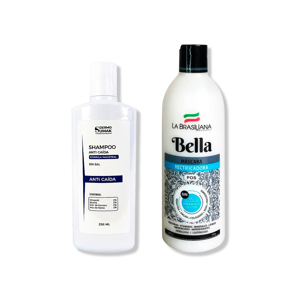 SHAMPOO ANTICAIDA SIN SAL 250ML + MÁSCARA RECTIFICADORA BELLA 500GR